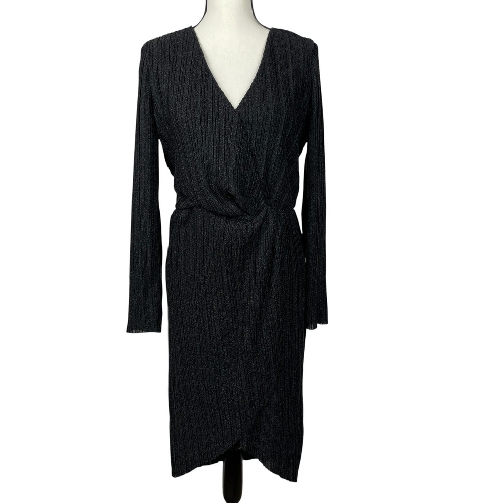 Steve Madden Metallic Crinkle Dress Large Black Shimmer Knot Front Long Sleeve - Picture 2 of 14